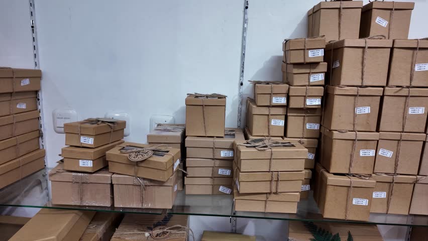 Stack of various cardboard boxes on a hanging rack in a packaging shop. Pile of carton giftbox with natural rope straps. Royalty-Free Stock Footage #3449969767