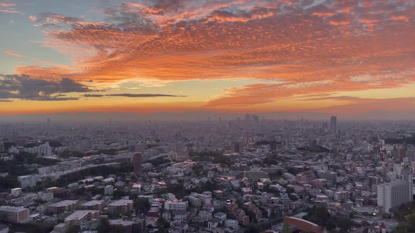 NAGOYA, JAPAN - OCTOBER 2022 : Aerial high angle view of NAGOYA CITY in sunset or sunrise. View of buildings and street traffic around Nagoya station and Sakae area (central downtown).