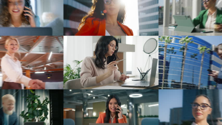 Zoom out collage of hispanic business entrepreneur woman working on laptop. Smiling business people part of diverse ethnic, age, gender group. Corporate managers using smartphone, computer technology