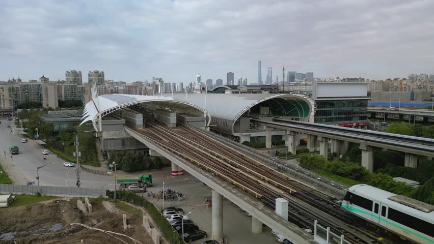 Shanghai magnetic levitation (maglev) train arrive at Longyang station .This train link Pudong international airport with Pudong downtown district.