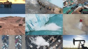 Global warming climate change collage. Ecology disaster impacted by wild fires, air pollution, plastic crisis, oil production, deforestation drought. Zoom out melting glacier ice collapsing into ocean - Powered by Shutterstock - Get 15% off with code: PIKWIZARD15