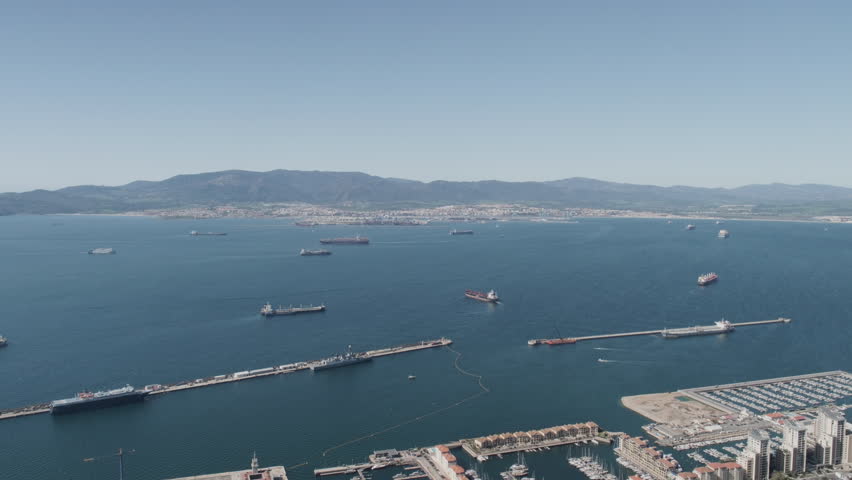 Algeciras port seen from the Rock of Gibraltar with ships entering and leaving