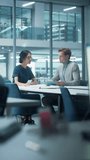 Vertical Screen: Diverse Team of Managers Working and Having Discussions in Office. Colleagues Work on New Business Opportunities, CEO Having Meeting with Employee, Talking About Investing in Future.