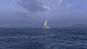 Boat with sails up sailing on the Sea, Yacht floating on the sea 3d rendering video.