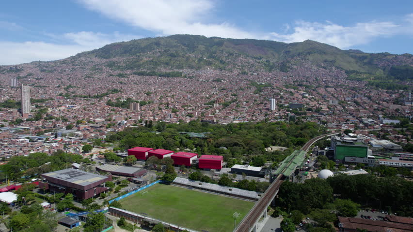Aerial View of Medellin, Colombia. Public University, Parque Explora and Residential Buidlings