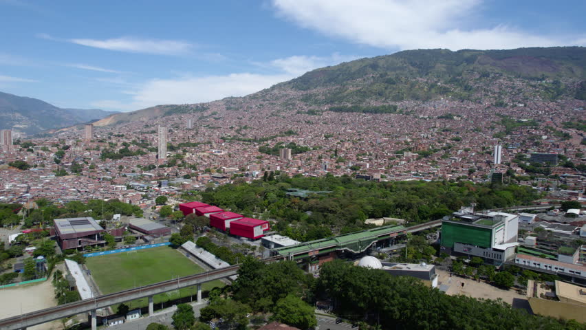 Aerial View of Medellin, Colombia. Public University, Parque Explora and Residential Buidlings
