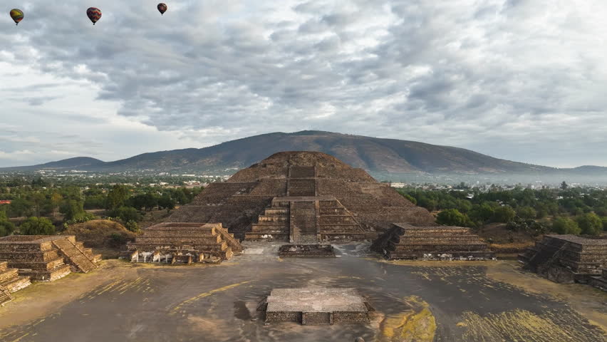 Aerial view away from the Pyramid of the moon, sunrise in Teotihuacan, Mexico