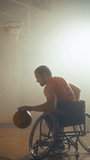 Vertical Video. Wheelchair Basketball Player Dribbling Ball, Shooting it Successfully, Scoring a Perfect Goal. Determination of a Person with Disability Moving Swiftly, Scoring. Play To Win