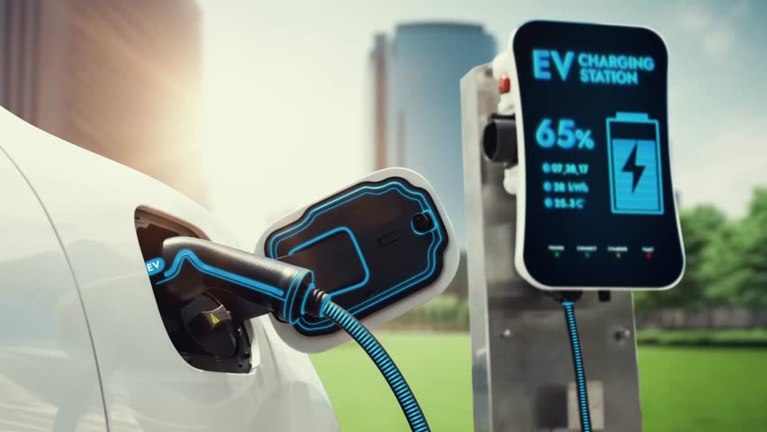 Electric car recharging battery by futuristic smart EV charger from eco clean energy charging station in green city park. Futuristic electric car using alternative energy. Peruse Royalty-Free Stock Footage #3450209001
