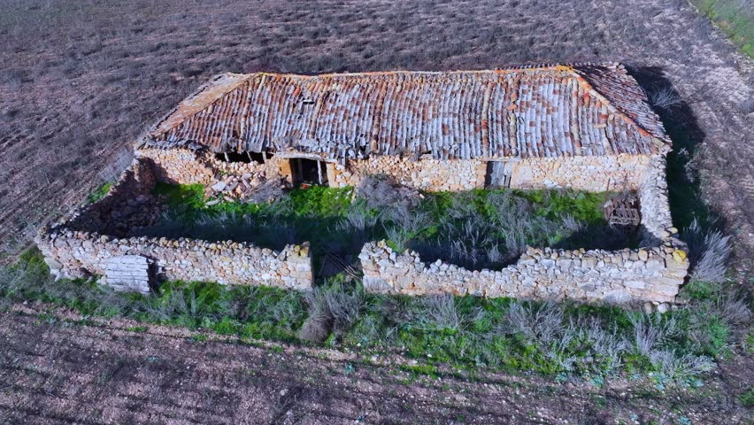 Old cattle shed in the abandoned and unpopulated town of Cabreriza. Aerial view from a drone. Municipality of Berlanga de Duero. Province of Soria. Castile and Leon. Spain. Europe