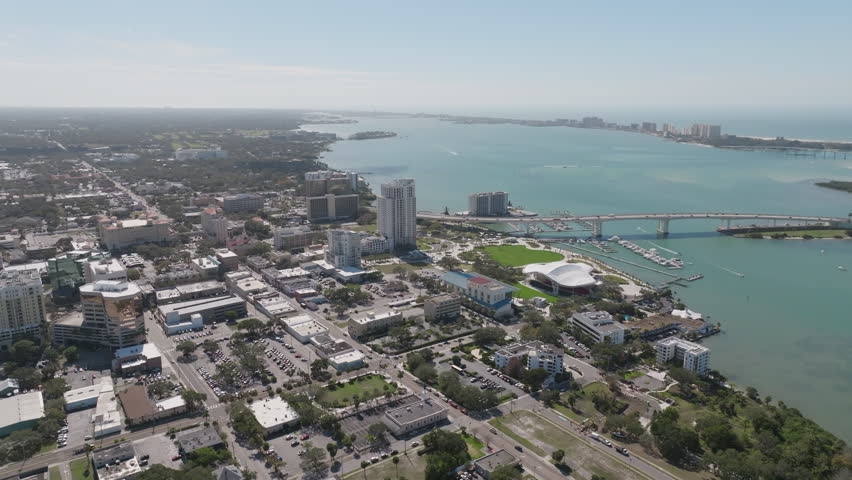 Aerial view looking down at Downtown Clearwater and Clearwater Beach across Intracoastal waters