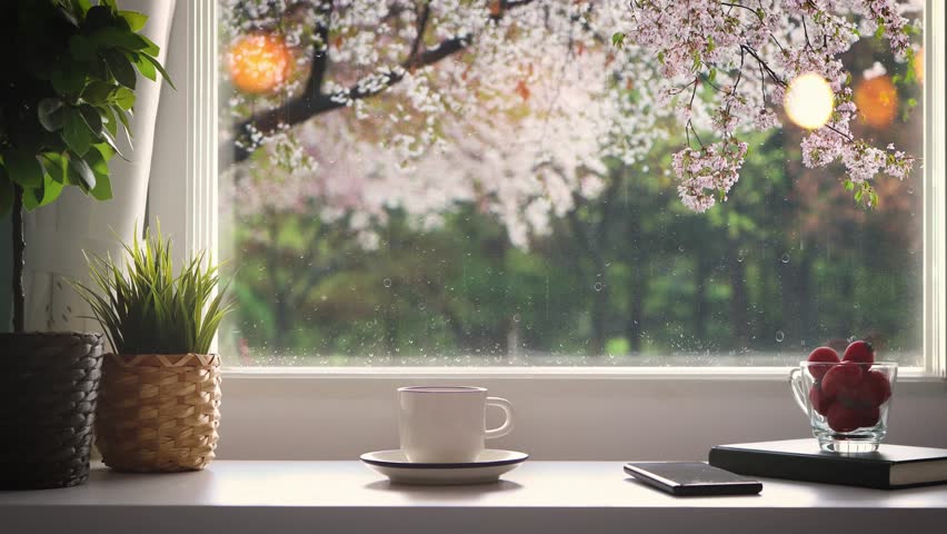 Beautiful spring cherry blossom scenery outside the window, rain falling and flowing raindrops on the cafe window sill, books, coffee and the comfortable sound of rain ASMR
 Royalty-Free Stock Footage #3450243961