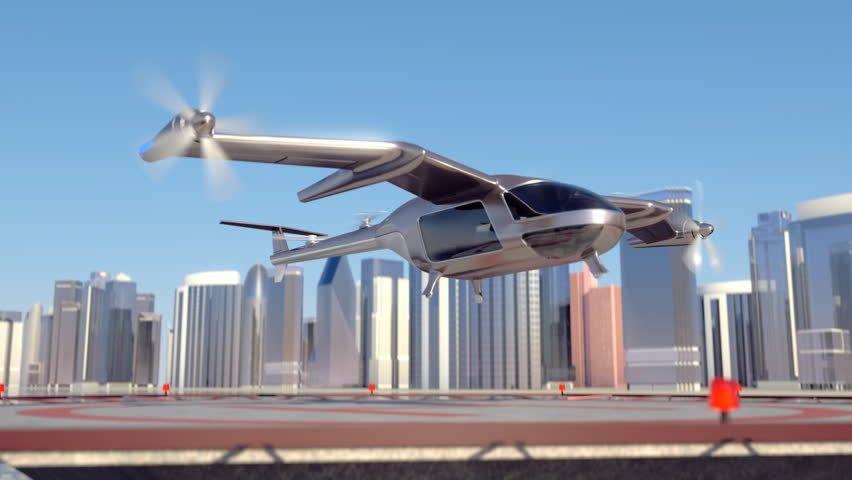 Flying Taxi Drone landing with the city skyline in the background, 4k