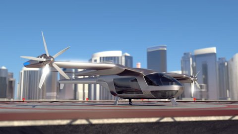 Flying Taxi Drone takeoff with the city skyline in the background, 4k