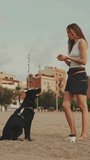 VERTICAL VIDEO: Cute girl with long wavy hair in white top plays on the beach with dog on modern city background. Girl trains her pet