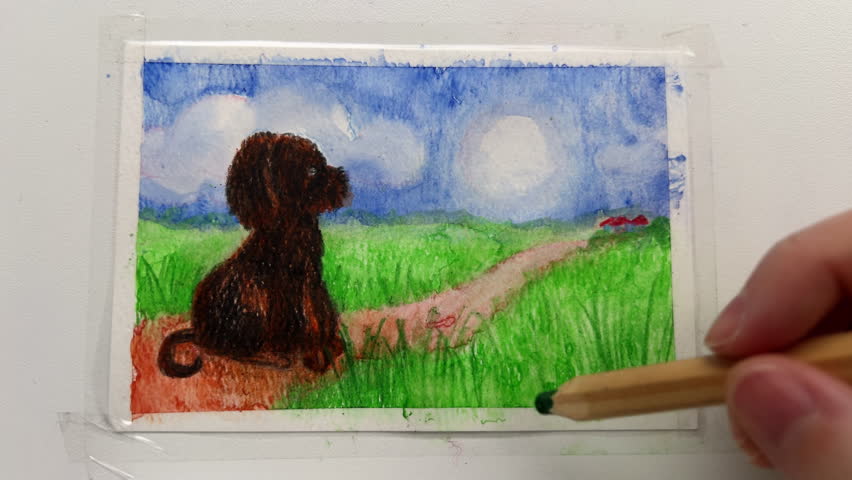 POV drawing dog using color pencils. Artist creating cute children's illustration.Black puppy in green fields under the Moon. film grain pixel texture. soft focus. blur. 