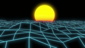 Neon cyber background grid sun 80 4k. 3D Illustration