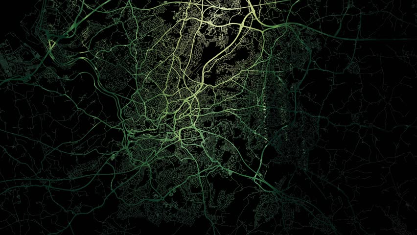 Zoom in road map of Bristol United Kingdom with green glowing roads on a black background.