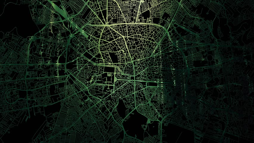 Zoom in road map of Bucharest Romania with green glowing roads on a black background.