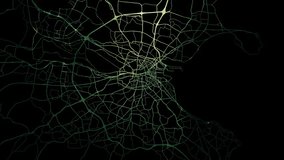 Zoom in road map of Dublin Ireland with green glowing roads on a black background.