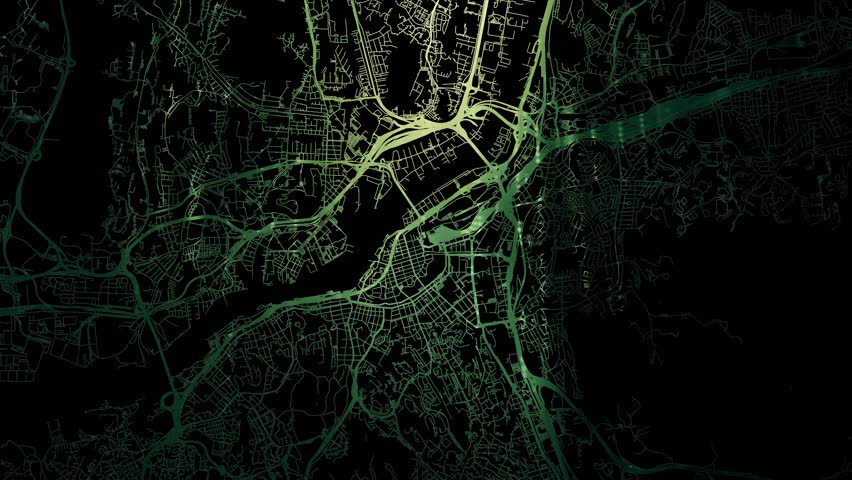 Zoom in road map of Gothenburg Sweden with green glowing roads on a black background.