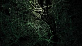 Zoom in road map of Kiev Ukraine with green glowing roads on a black background.