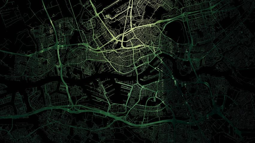 Zoom in road map of Rotterdam Netherlands with green glowing roads on a black background.