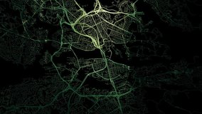 Zoom in road map of Stockholm Sweden with green glowing roads on a black background.