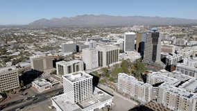 Downtown Tucson, Arizona with drone video close up moving sideways.