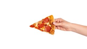 Video of slice of pepperoni pizza in hand isolated on white Top view on peperoni pizza. Concept for Italian food, street food, fast food, quick bite. Hand with pizza slice disappearing from the screen