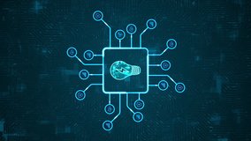 Motion graphic of Blue digital lamp logo and futuristic HUD technology circuit board with tech icon and data transfer on abstract background with lightbulb and ideas vertical video concepts - Powered by Shutterstock - Get 15% off with code: PIKWIZARD15