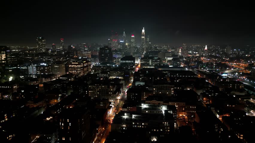 The city lights of Philadelphia at night - aerial view - drone photography