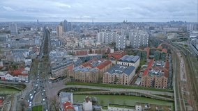 Modern buildings and condominiums in La Villette neighborhood, Paris in France. Aerial forward