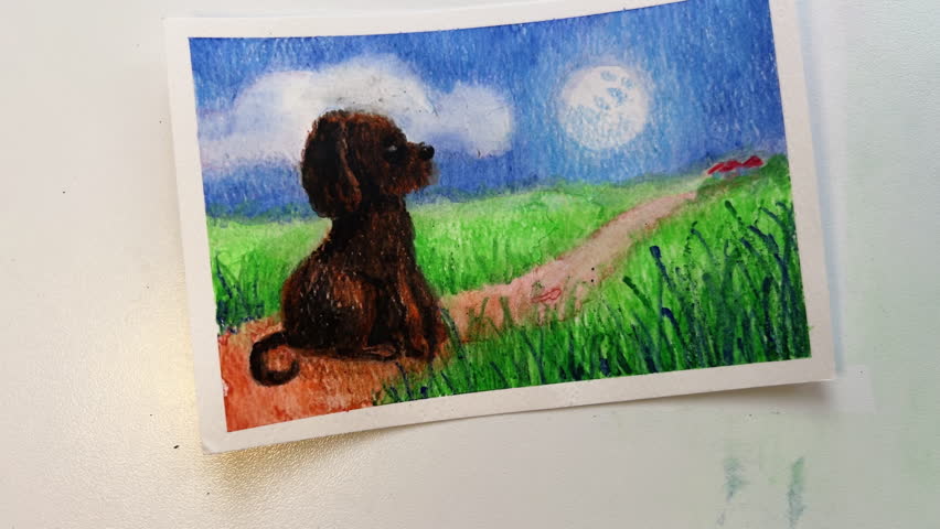 POV looking at hand drawn color pencil illustration with cute brown puppy looking at the Moon in green fields in the countryside. film grain pixel texture. soft focus. blur.