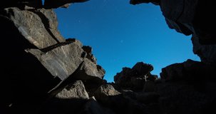 ICELAND – SEPTEMBER 2016 : Timelapse taken from inside a cave at night with starry sky and moonlight moving in view