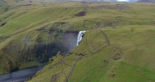 ICELAND – SEPTEMBER 2016 : Amazing aerial shot of Skógafoss waterfall on a beautiful day
