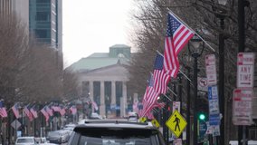 American flags are suspended between trees along a city street, creating a patriotic display for a special event in the metropolitan area - Powered by Shutterstock - Get 15% off with code: PIKWIZARD15