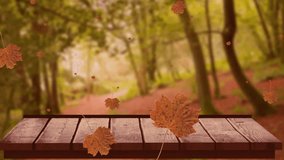Animation of autumn leaves falling over trees and wooden surface. Autumn, fall and nature concept digitally generated video. - Powered by Shutterstock - Get 15% off with code: PIKWIZARD15