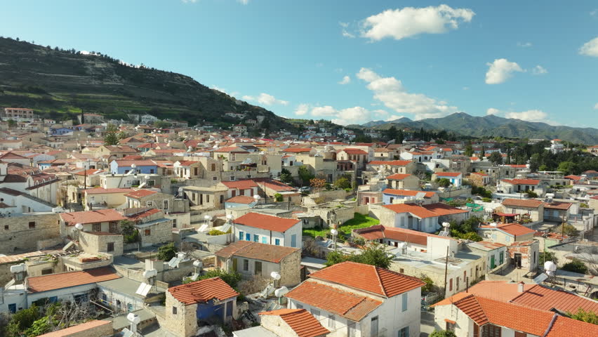 Aerial Rising Above Pano Lefkara Village Neighbourhood on Sunny Day in Larnaca District, Cyprus