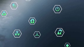Animation of eco icons and data processing over clouds. Global environment, finance, business, connections, computing and data processing concept digitally generated video. - Powered by Shutterstock - Get 15% off with code: PIKWIZARD15
