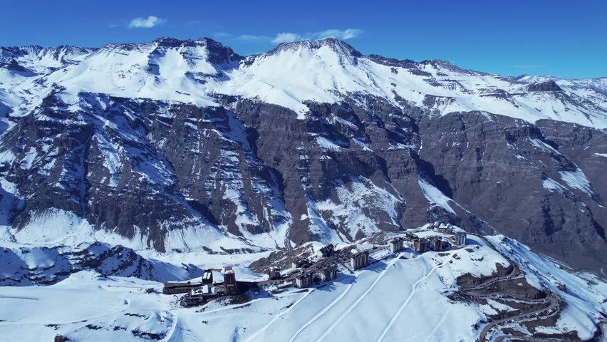 Vale Nevado Ski Station At Andes Mountains Santiago Chile. Skiing Holiday Andes Mountains Santiago. Outdoor Tourism Icon Andes Glacier. Outdoor Landmark Andes Snow Covered High Angle View.