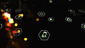 Animation of eco icons and data processing over out of focus city lights. Global environment, finance, business, connections, computing and data processing concept digitally generated video. - Powered by Shutterstock - Get 15% off with code: PIKWIZARD15