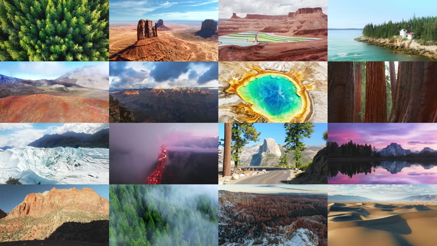 Collage of National parks, United States. Beautiful nature landscape background with Grand Canyon, Yellowstone, Sequoia, Zion, Yosemite, Death Valley, Hawaii Volcanos, Haleakala, Canyon lands, Olympic Royalty-Free Stock Footage #3450609715