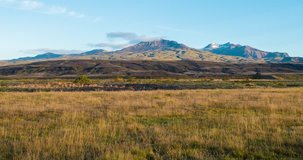 ICELAND – SEPTEMBER 2016 : Timelapse of snowy mountaintop on a beautiful day with view of amazing landscape in Thorsmörk National Park