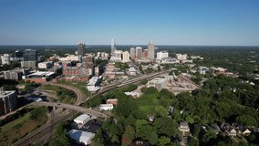Aerial View Moving Toward Raleigh North Carolina Skyline Wide
