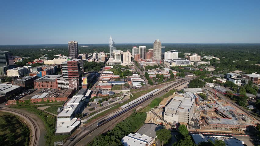 Aerial View Pulling Away From Raleigh North Carolina Skyline