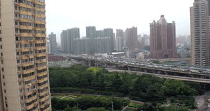 SHANGHAI, CHINA – JUNE 2016 : Aerial shot over Central Shanghai highway traffic
