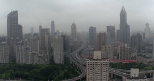 SHANGHAI, CHINA – JUNE 2016 : Aerial shot in Central Shanghai with view of skyline and parks
