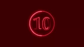 Abstract red neon light countdown number 10 seconds Animation. Dark orange background UHD 4k video.