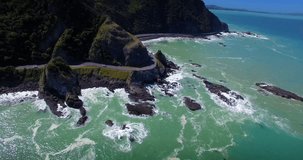 NEW ZEALAND – MARCH 2016 : Aerial shot over West Coast Road on South Island with beach and landscape in view